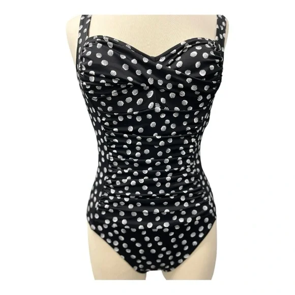 Swim Solutions One Piece Swimsuit Women’s Size 8 Lace Up Black White‎ Dots NWT - Picture 2 of 8